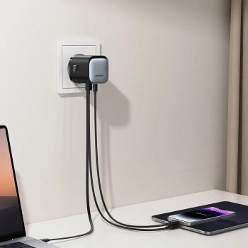 Ładowarka sieciowa GaN 65W USB-A USB-C z wbudowanym kablem USB-C - czarna