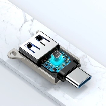 Adapter przejściówka USB-C (męski) - USB-A (żeński) z oczkiem na smycz - srebrny