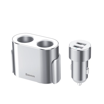 Rozdzielacz samochodowy 2x gniazdo zapalniczki 80W 2x USB-A 3.1A - srebrny