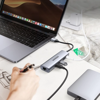 5w1 HUB Adapter USB-A 3.0 - RJ45 / 3x USB-A 3.0 / micro USB - szary