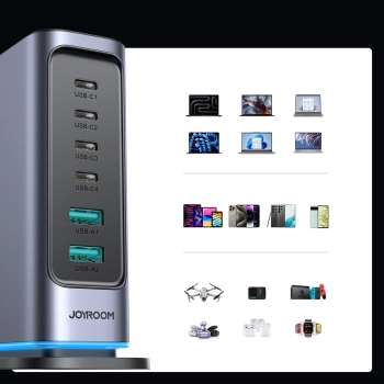Stacja ładowania ładowarka wieloportowa GaN 65W EU 4x USB-C i 2x USB-A - ciemnoszara