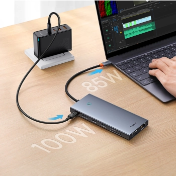 13w1 HUB adapter PortalJoy Series USB-C HDMI DP VGA USB-A PD RJ45 SD TF AUX - szary