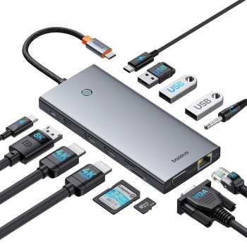 13w1 HUB adapter PortalJoy Series USB-C HDMI DP VGA USB-A PD RJ45 SD TF AUX - szary