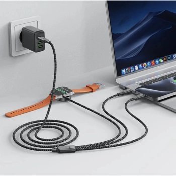 3w1 Kabel przewód USB-C - 2x USB-C / ładowarka Apple Watch Qi 480Mb/s 100W 1.2m - czarny