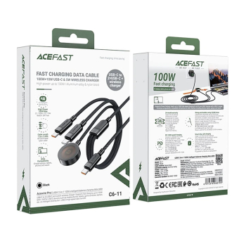 3w1 Kabel przewód USB-C - 2x USB-C / ładowarka Apple Watch Qi 480Mb/s 100W 1.2m - czarny