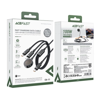 3w1 Kabel przewód USB-C - 2x USB-C / ładowarka Apple Watch Qi 480Mb/s 100W 1.2m - czarny