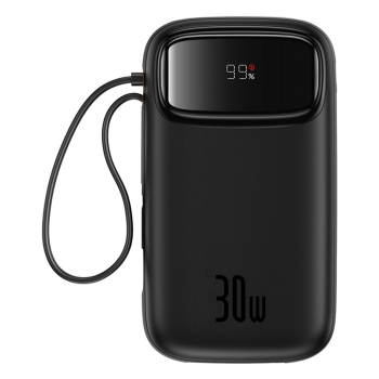 Powerbank QPow 2 20000mAh 30W z 2 wbudowanymi kablami USB-C - czarny