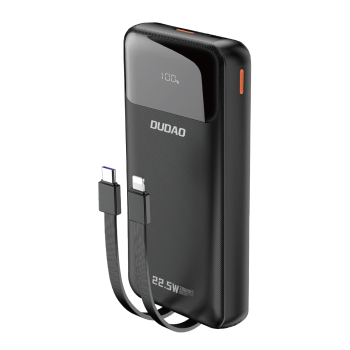 Powerbank 20000mAh z wbudowanymi kablami iPhone Lightning USB-C USB-A 22.5W PD - czarny