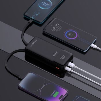 Powerbank 20000mAh z wbudowanymi kablami iPhone Lightning USB-C USB-A 22.5W PD - czarny