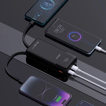 Powerbank 20000mAh z wbudowanymi kablami iPhone Lightning USB-C USB-A 22.5W PD - czarny