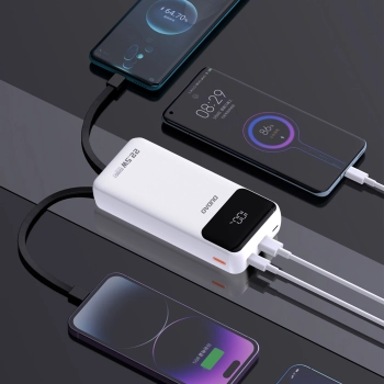 Powerbank 20000mAh z wbudowanymi kablami iPhone Lightning USB-C USB-A 22.5W PD - biały