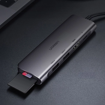 6w1 HUB adapter USB-C - HDMI USB-A USB-C PD czytnik SD TF - szary