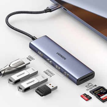 6w1 HUB Adapter USB-C - HDMI / USB-A / czytnik kart SD TF - szary