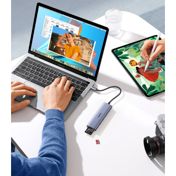 6w1 HUB Adapter USB-C - HDMI / USB-A / czytnik kart SD TF - szary