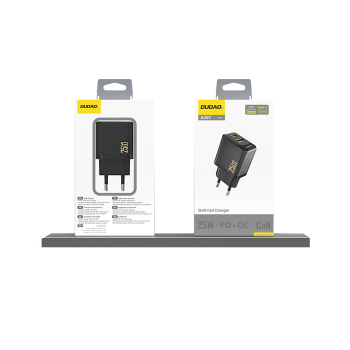 Szybka ładowarka sieciowa 25W USB-A USB-C - czarna
