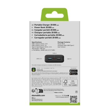 Powerbank 20000 mAh USB-A USB-C - czarny
