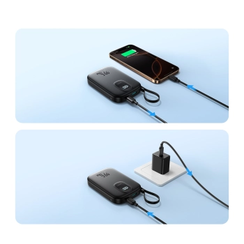 Powerbank 10000mAh z wbudowanym kablem 22.5 iPhone Lightning USB-C 0.25 cm - czarny