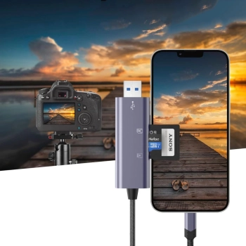 Czytnik kart pamięci SD / micro SD ze złączem iPhone Lightning / USB-A - szary