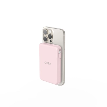 Powerbank 10000 mAh USB-A USB-C z kablami USB-C iPhone Lightning MagSafe - różowy