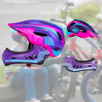 Kask rowerowy dziecięcy z odpinaną szczęką rozmiar S - fioletowo-różowy