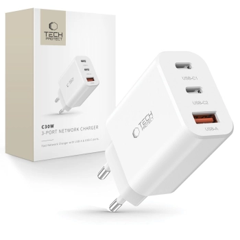 Ładowarka sieciowa 2x USB-C PD / USB-A QC 30W - biała