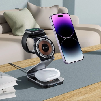Ładowarka indukcyjna 3w1 z MagSafe na smartfon Apple Watch AirPods - czarna
