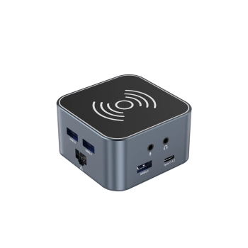 12w1 Hub z ładowarką bezprzewodową USB-A USB-C HDMI RJ45 SD TF mini jack - szary