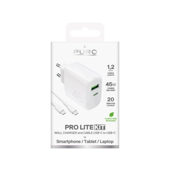 Ładowarka sieciowa USB-C USB-A PD z kablem USB-C 45W - biała