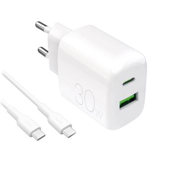 Ładowarka sieciowa USB-A USB-C z kablem USB-C 30W 1.2m - biała