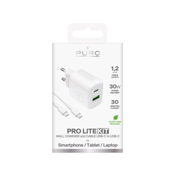 Ładowarka sieciowa USB-A USB-C z kablem USB-C 30W 1.2m - biała