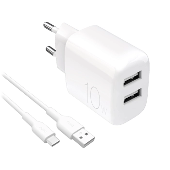 Ładowarka sieciowa 2x USB-A PROLITE 10W z kablem USB-A - USB-C 1.2m - biała