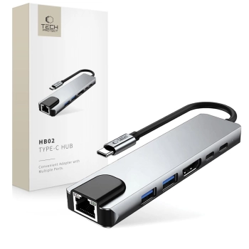 6w1 HUB Adapter USB-C USB-A HDMI RJ45 4K 30Hz PD 100W - szary