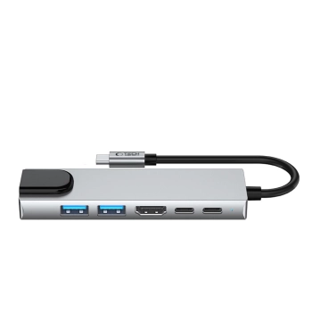 6w1 HUB Adapter USB-C USB-A HDMI RJ45 4K 30Hz PD 100W - szary
