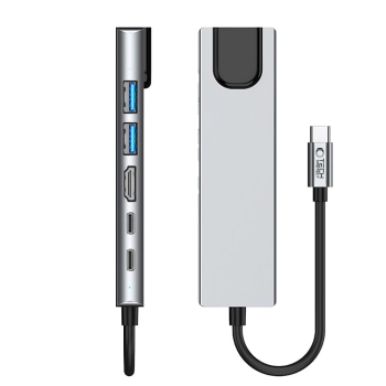 6w1 HUB Adapter USB-C USB-A HDMI RJ45 4K 30Hz PD 100W - szary