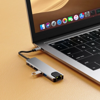6w1 HUB Adapter USB-C USB-A HDMI RJ45 4K 30Hz PD 100W - szary