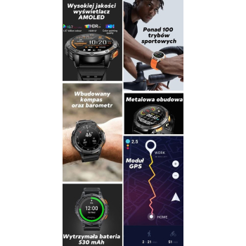 Smartwatch Męski GRAVITY GPS GT24-3 Czarny Pasek Silikonowy + Pomarańczowy Pasek Silikonowy