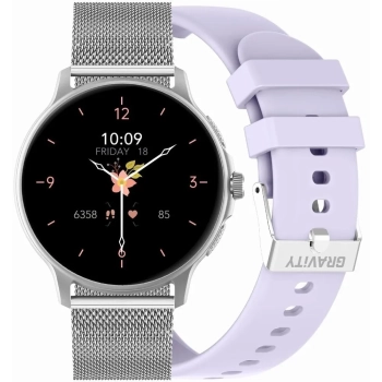 Smartwatch Damski GRAVITY GT12-6 Fioletowy Pasek Silikonowy + Srebrna Bransoleta