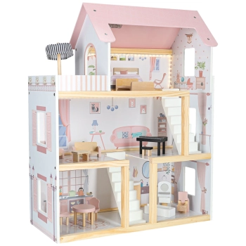 Domek dla lalek drewniany mebelki 78cm róż LED