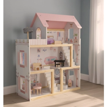 Domek dla lalek drewniany mebelki 78cm róż LED