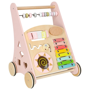 Pchacz dla dziecka chodzik drewniany z liczydłem różowy