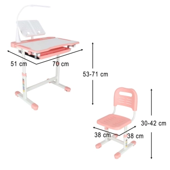 Biurko dziecięce szkolne regulowane krzesło lampka LED USB różowe