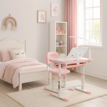 Biurko dziecięce szkolne regulowane krzesło lampka LED USB różowe