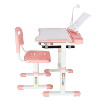 Biurko dziecięce szkolne regulowane krzesło lampka LED USB różowe