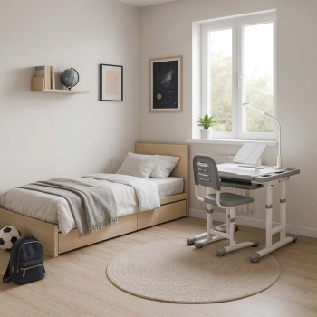 Biurko dziecięce szkolne regulowane krzesło lampka LED USB szare