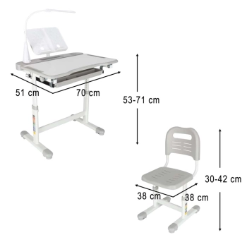 Biurko dziecięce szkolne regulowane krzesło lampka LED USB szare