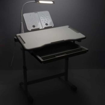 Biurko dziecięce szkolne regulowane krzesło lampka LED USB szare