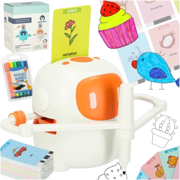 Robot edukacyjny interaktywny nauka rysowania pisania zestaw fiszki mazaki pomarańczowy