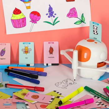 Robot edukacyjny interaktywny nauka rysowania pisania zestaw fiszki mazaki pomarańczowy