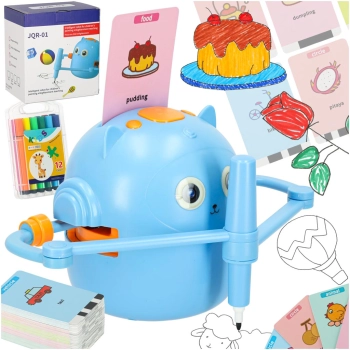 Robot edukacyjny interaktywny nauka rysowania pisania zestaw fiszki mazaki niebieski