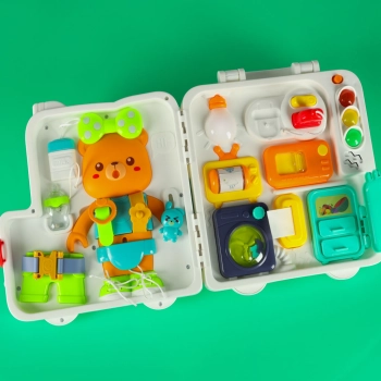 Tablica manipulacyjna sensoryczna montessori walizka pokrętła miś XXL światło dźwięk